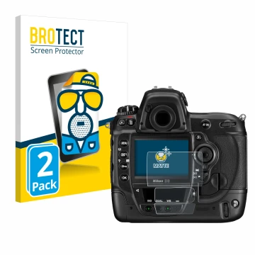 Face avant d’un emballage produit avec le logo de la marque BROTECT. À côté, l’appareil Nikon D3 est représenté avec la protec