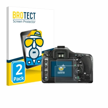 Face avant d’un emballage produit avec le logo de la marque BROTECT. À côté, l’appareil Pentax K20D est représenté avec la pro