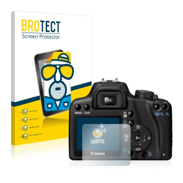 Face avant d’un emballage produit avec le logo de la marque BROTECT. À côté, l’appareil Canon EOS 1000D est représenté avec la