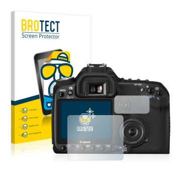 Face avant d’un emballage produit avec le logo de la marque BROTECT. À côté, l’appareil Canon EOS 50D est représenté avec la p