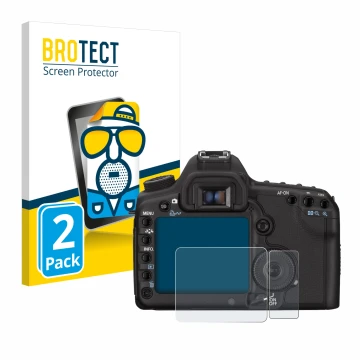 Face avant d’un emballage produit avec le logo de la marque BROTECT. À côté, l’appareil Canon EOS 5D Mark II est représenté av