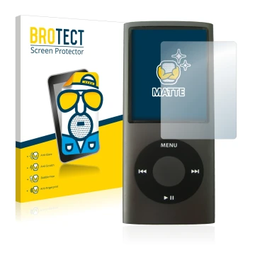 Face avant d’un emballage produit avec le logo de la marque BROTECT. À côté, l’appareil Apple iPod nano (4ème Gen.) est représ