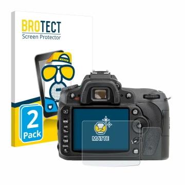 Face avant d’un emballage produit avec le logo de la marque BROTECT. À côté, l’appareil Nikon D90 est représenté avec la prote