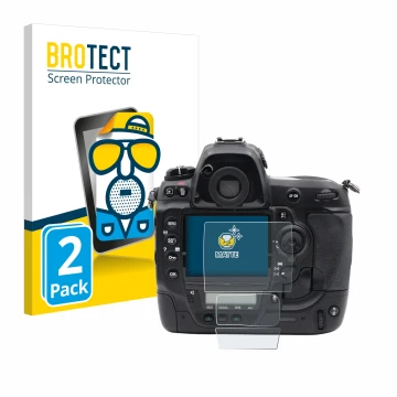 Face avant d’un emballage produit avec le logo de la marque BROTECT. À côté, l’appareil Nikon D3x est représenté avec la prote