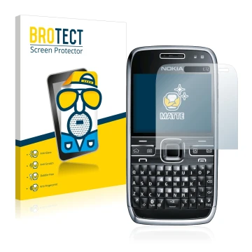 Face avant d’un emballage produit avec le logo de la marque BROTECT. À côté, l’appareil Nokia E72 est représenté avec la prote