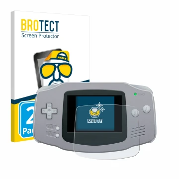 Face avant d’un emballage produit avec le logo de la marque BROTECT. À côté, l’appareil Nintendo Gameboy Advance GBA est repré