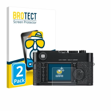 Face avant d’un emballage produit avec le logo de la marque BROTECT. À côté, l’appareil Leica M9 est représenté avec la protec