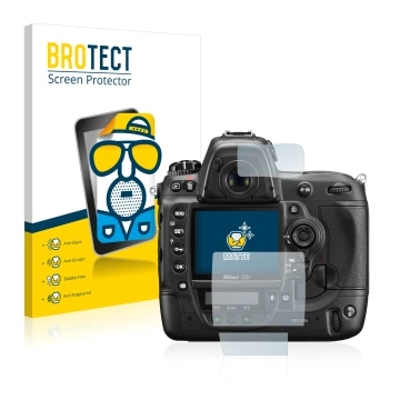 Face avant d’un emballage produit avec le logo de la marque BROTECT. À côté, l’appareil Nikon D3S est représenté avec la prote
