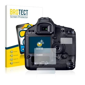 Face avant d’un emballage produit avec le logo de la marque BROTECT. À côté, l’appareil Canon EOS 1D Mark IV est représenté av