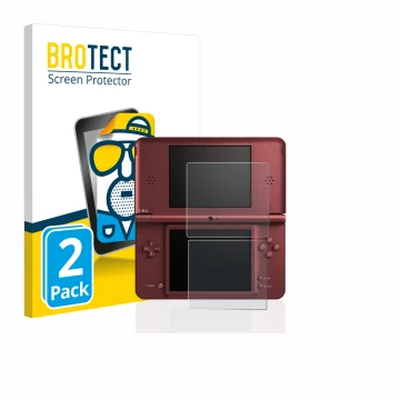 Face avant d’un emballage produit avec le logo de la marque BROTECT. À côté, l’appareil Nintendo DSi XL est représenté avec la