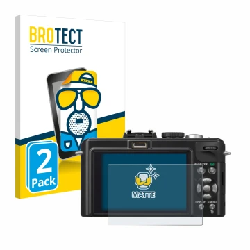 Face avant d’un emballage produit avec le logo de la marque BROTECT. À côté, l’appareil Panasonic Lumix DMC-LX5 est représenté