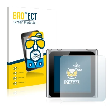 Face avant d’un emballage produit avec le logo de la marque BROTECT. À côté, l’appareil Apple iPod nano 2010 (6. Gen.) est rep