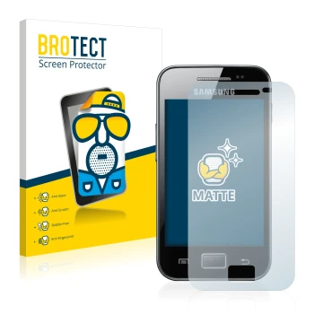 Face avant d’un emballage produit avec le logo de la marque BROTECT. À côté, l’appareil Samsung Galaxy Ace S5830 est représent