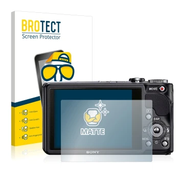 Face avant d’un emballage produit avec le logo de la marque BROTECT. À côté, l’appareil Sony Cyber-Shot DSC-HX9V est représent