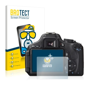 Face avant d’un emballage produit avec le logo de la marque BROTECT. À côté, l’appareil Canon EOS 600D est représenté avec la 