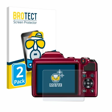 Face avant d’un emballage produit avec le logo de la marque BROTECT. À côté, l’appareil Nikon Coolpix L120 est représenté avec