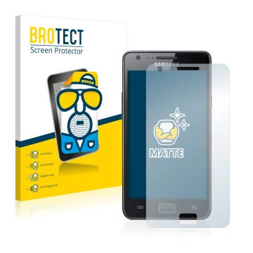 Face avant d’un emballage produit avec le logo de la marque BROTECT. À côté, l’appareil Samsung Galaxy S2 est représenté avec 