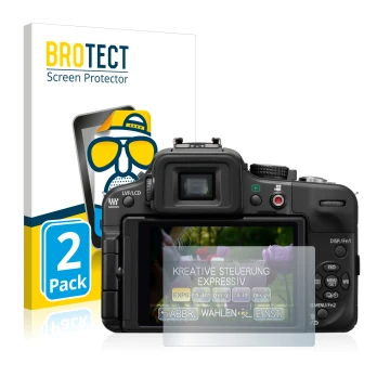 Face avant d’un emballage produit avec le logo de la marque BROTECT. À côté, l’appareil Panasonic Lumix DMC-G3 est représenté 