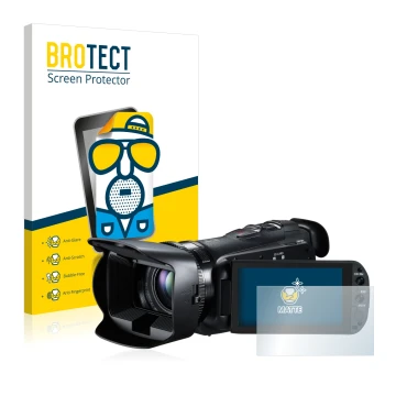 Face avant d’un emballage produit avec le logo de la marque BROTECT. À côté, l’appareil Canon Legria HF G10 est représenté ave