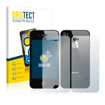 Face avant d’un emballage produit avec le logo de la marque BROTECT. À côté, l’appareil Apple iPhone 4S (Avant+Arrière) est re