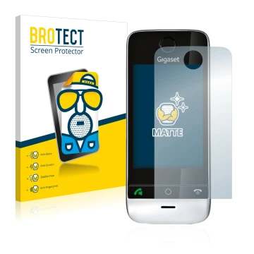 Face avant d’un emballage produit avec le logo de la marque BROTECT. À côté, l’appareil Gigaset SL910 (découpe circulaire) est