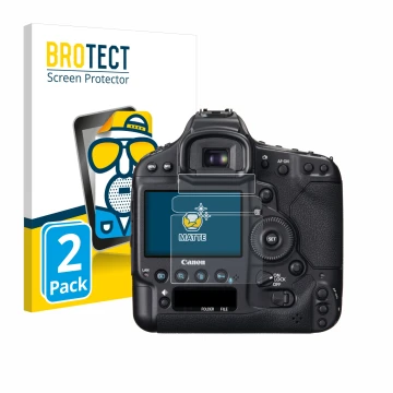 Face avant d’un emballage produit avec le logo de la marque BROTECT. À côté, l’appareil Canon EOS 1D X est représenté avec la 