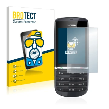 Face avant d’un emballage produit avec le logo de la marque BROTECT. À côté, l’appareil Nokia Asha 300 est représenté avec la 