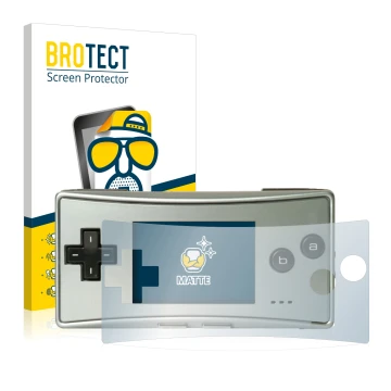Face avant d’un emballage produit avec le logo de la marque BROTECT. À côté, l’appareil Nintendo Gameboy Micro est représenté 