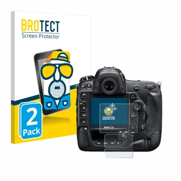Face avant d’un emballage produit avec le logo de la marque BROTECT. À côté, l’appareil Nikon D4 est représenté avec la protec