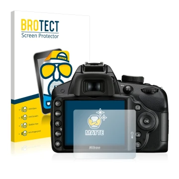 Face avant d’un emballage produit avec le logo de la marque BROTECT. À côté, l’appareil Nikon D3200 est représenté avec la pro