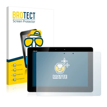 Face avant d’un emballage produit avec le logo de la marque BROTECT. À côté, l’appareil ASUS Transformer Pad TF300T est représ