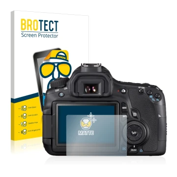 Face avant d’un emballage produit avec le logo de la marque BROTECT. À côté, l’appareil Canon EOS 650D est représenté avec la 