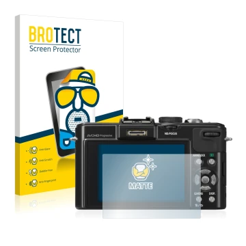 Face avant d’un emballage produit avec le logo de la marque BROTECT. À côté, l’appareil Panasonic Lumix DMC-LX7 est représenté