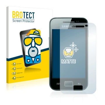 Face avant d’un emballage produit avec le logo de la marque BROTECT. À côté, l’appareil Samsung Galaxy Ace S5830i est représen
