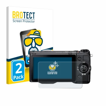 Face avant d’un emballage produit avec le logo de la marque BROTECT. À côté, l’appareil Sony Alpha NEX-5R est représenté avec 
