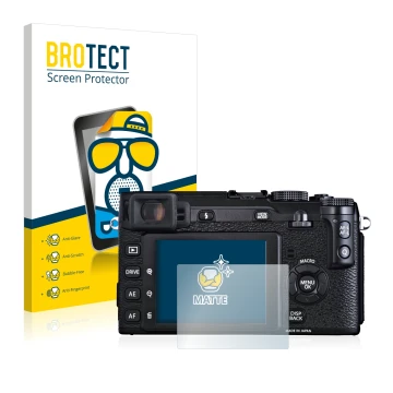 Face avant d’un emballage produit avec le logo de la marque BROTECT. À côté, l’appareil Fujifilm X-E1 est représenté avec la p