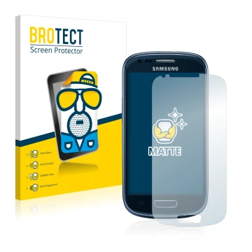 Face avant d’un emballage produit avec le logo de la marque BROTECT. À côté, l’appareil Samsung Galaxy S3 Mini I8190 est repré