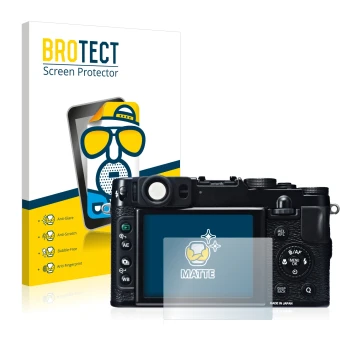 Face avant d’un emballage produit avec le logo de la marque BROTECT. À côté, l’appareil Fujifilm X20 est représenté avec la pr