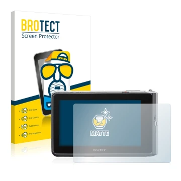 Face avant d’un emballage produit avec le logo de la marque BROTECT. À côté, l’appareil Sony Cyber-Shot DSC-TX30 est représent