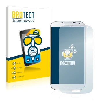 Face avant d’un emballage produit avec le logo de la marque BROTECT. À côté, l’appareil Samsung Galaxy S4 est représenté avec 