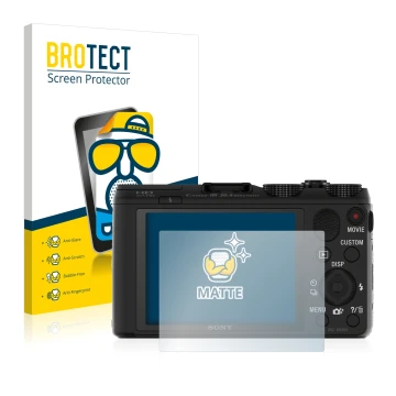 Face avant d’un emballage produit avec le logo de la marque BROTECT. À côté, l’appareil Sony Cyber-Shot DSC-HX50V est représen