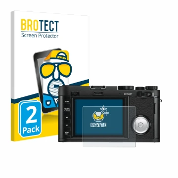 Face avant d’un emballage produit avec le logo de la marque BROTECT. À côté, l’appareil Leica X Vario est représenté avec la p