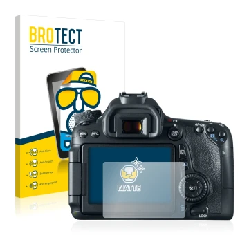 Face avant d’un emballage produit avec le logo de la marque BROTECT. À côté, l’appareil Canon EOS 70D est représenté avec la p