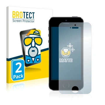 Face avant d’un emballage produit avec le logo de la marque BROTECT. À côté, l’appareil Apple iPhone 5S est représenté avec la