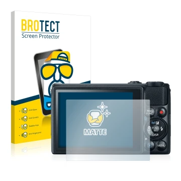 Face avant d’un emballage produit avec le logo de la marque BROTECT. À côté, l’appareil Canon PowerShot S120 est représenté av