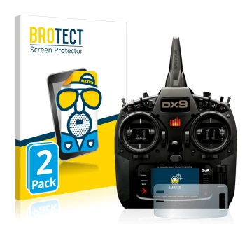 Face avant d’un emballage produit avec le logo de la marque BROTECT. À côté, l’appareil Spektrum DX9 est représenté avec la pr