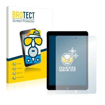 Face avant d’un emballage produit avec le logo de la marque BROTECT. À côté, l’appareil Apple iPad Air 2013 est représenté ave