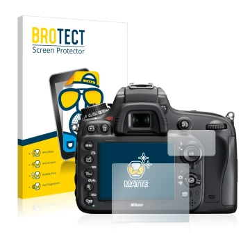 Face avant d’un emballage produit avec le logo de la marque BROTECT. À côté, l’appareil Nikon D610 est représenté avec la prot