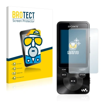 Face avant d’un emballage produit avec le logo de la marque BROTECT. À côté, l’appareil Sony Walkman NWZ-E585 est représenté a