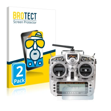 Face avant d’un emballage produit avec le logo de la marque BROTECT. À côté, l’appareil FrSky Taranis X9D est représenté avec 